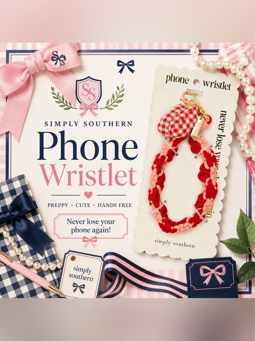 Simply Southern Red and Light Pink Braided Phone Wristlet with Gingham Charm